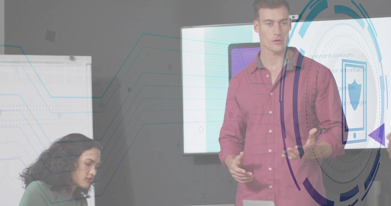 Presenter gesturing in tech meeting, generating circuit graphics highlighting data security