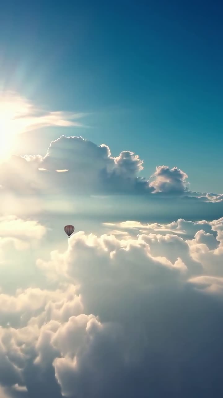 Vista video aerea di una mongolfiera che fluttua sopra nuvole soffici sotto un cielo luminoso.