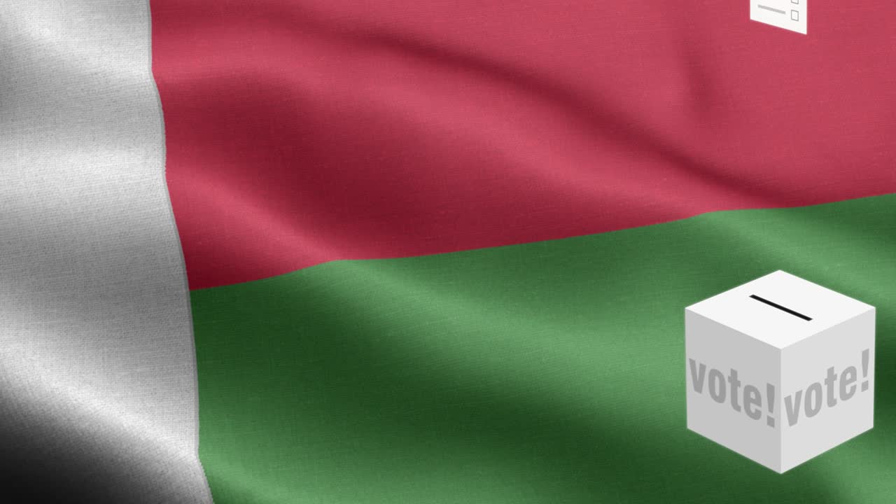 las papeletas de votación vuelan a la caja para la selección de madagascar - caja de votación frente a la bandera - elección - voto - bandera de madagascar - bandera de madagascar de alto detalle - bandera nacional patrón de ondas de madagascar elementos en bucle - textura de tela y bucle sin fin