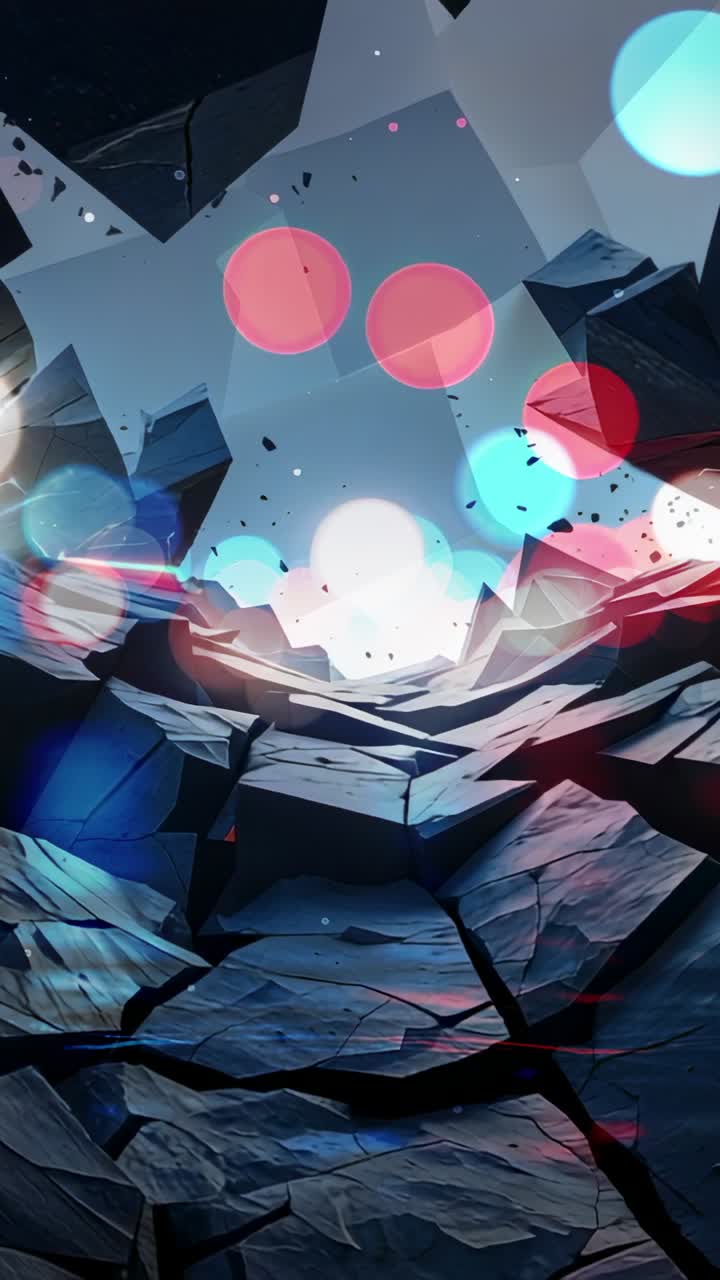 Vertical video: Emitting light flares above cracked rock platform in crater, signaling energy rise