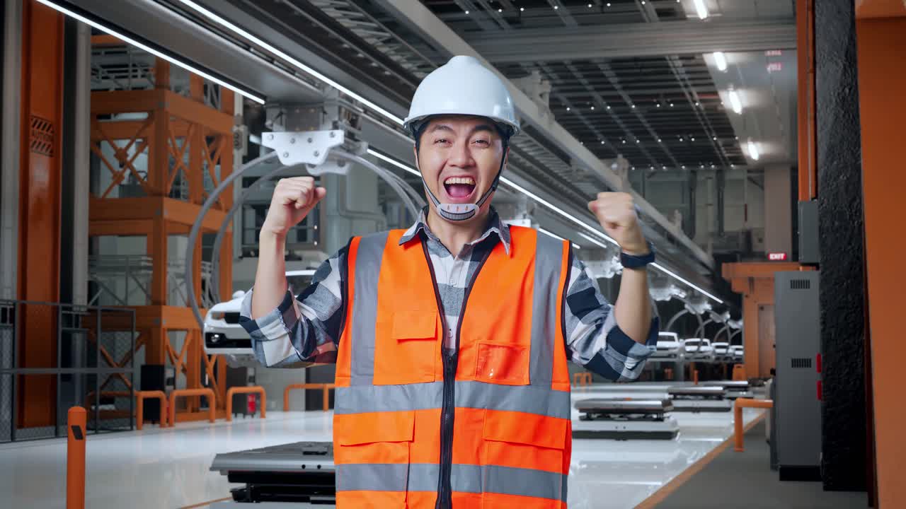 행복한 엔지니어가 자동차 조립 라인에서 성공을 축하하고 있습니다.