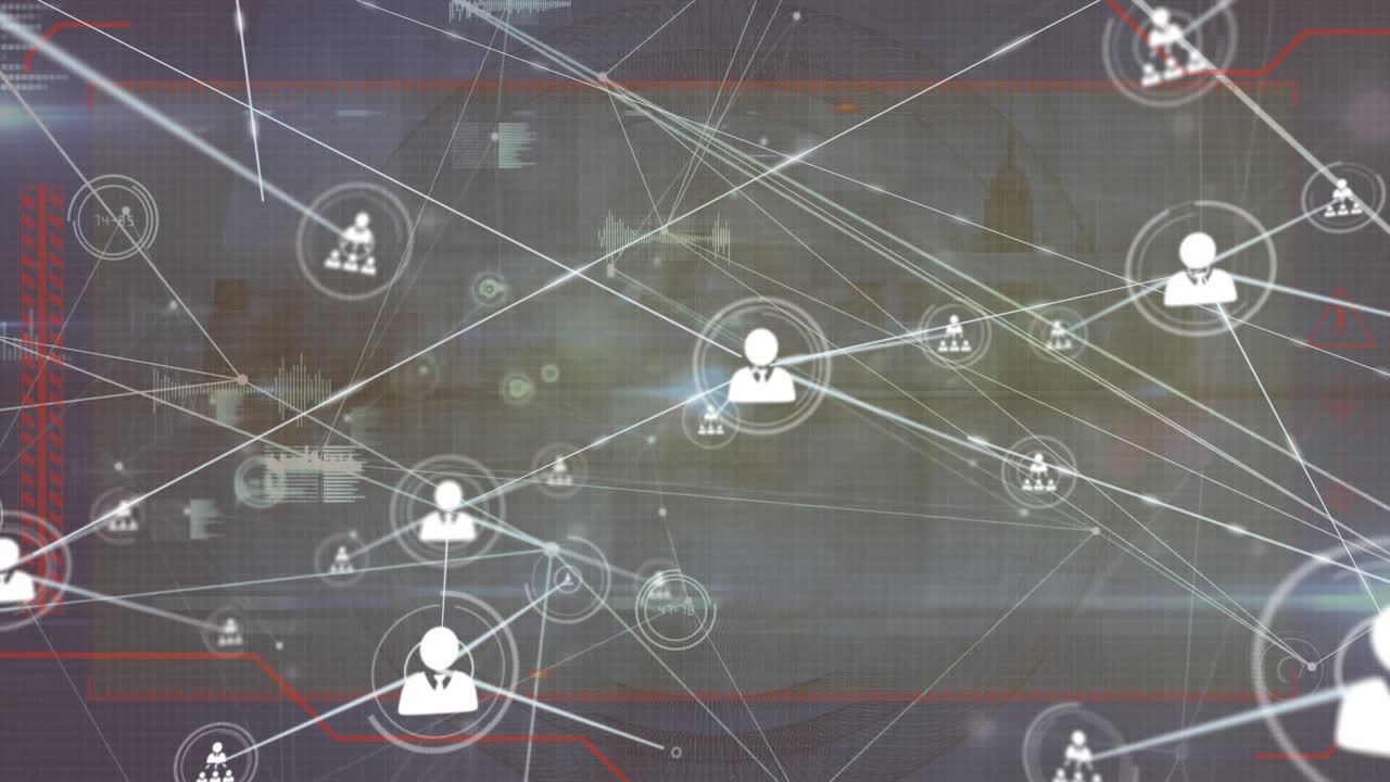 animación de la red de conexiones sobre el paisaje urbano y procesamiento de datos