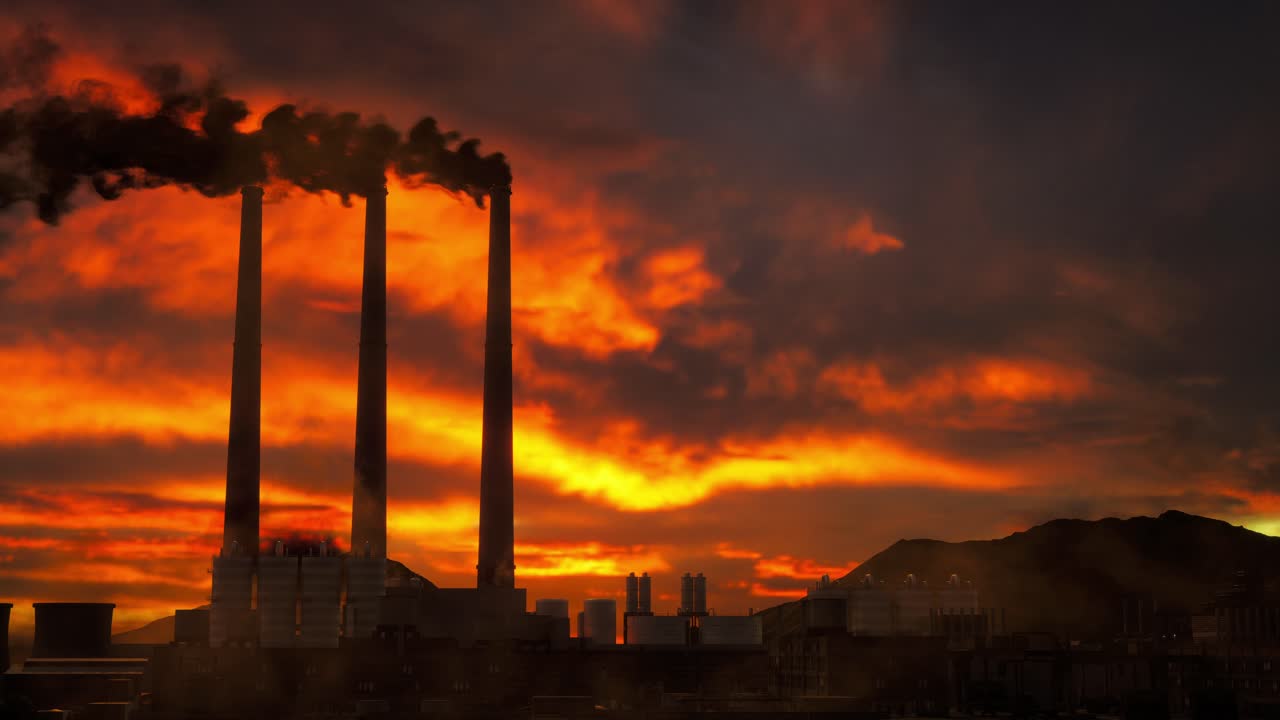 화학 공장의 연기 파이프, 대기 오염 개념, 환경 오염과 함께 산업 풍경, 일몰 시간