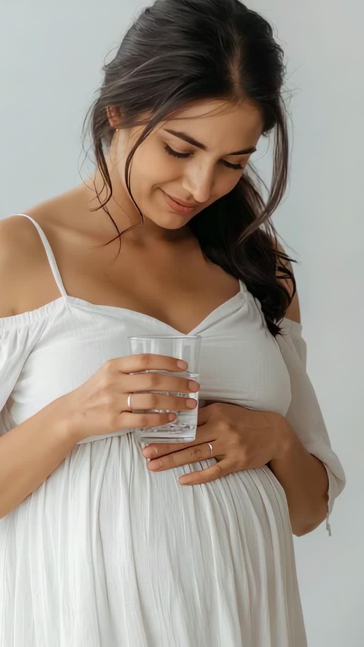 Vertical video: Filming mom in dress touching belly with rings and holding glass bonding in studio
