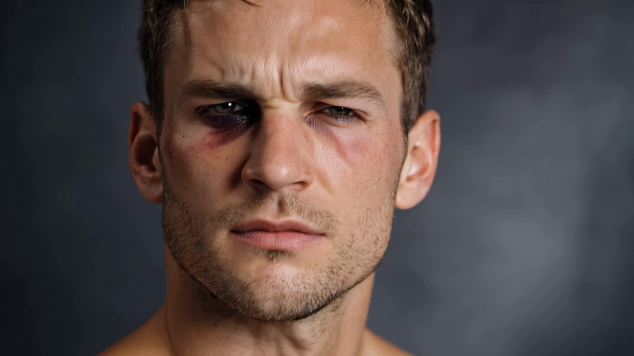 Homem atlético com olho roxo olha fixamente. O fundo escuro realça a intensidade bruta. Seu olhar fala de resiliência após a luta. Ideal para cenas de esportes, luta ou personagens intensos
