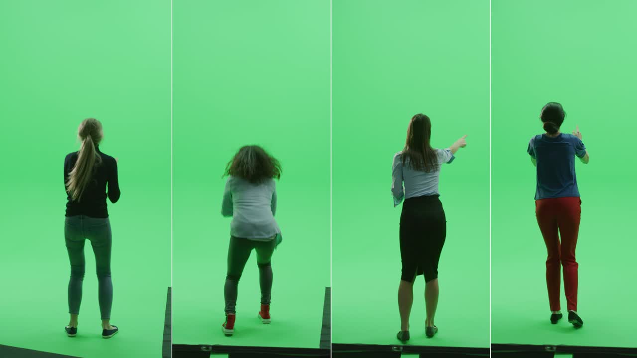 4인1 스플릿 그린 스크린 스튜디오: 다양한 민족, 다양한 연령의 4명의 아름다운 여성들이 스포츠 이벤트, 콘서트, 페스티벌, 파티에서 승리를 축하하고 박수를 치고 축하합니다.