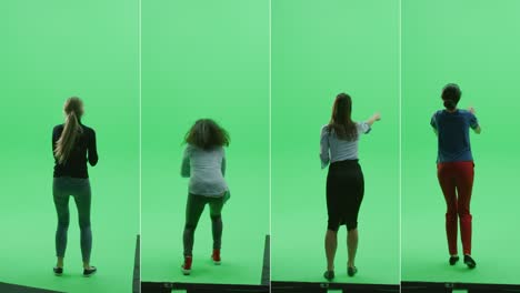 estudio de pantalla verde dividida 4-en-1: cuatro mujeres hermosas de diversas etnias, diferentes edades animando, aplaudiendo y celebrando la victoria en un evento deportivo, concierto, festival, fiesta. vista trasera