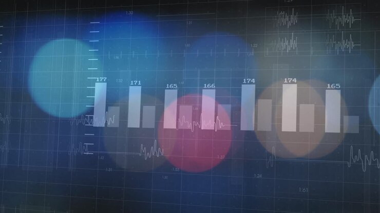Animation of financial data processing over light spots on black background
