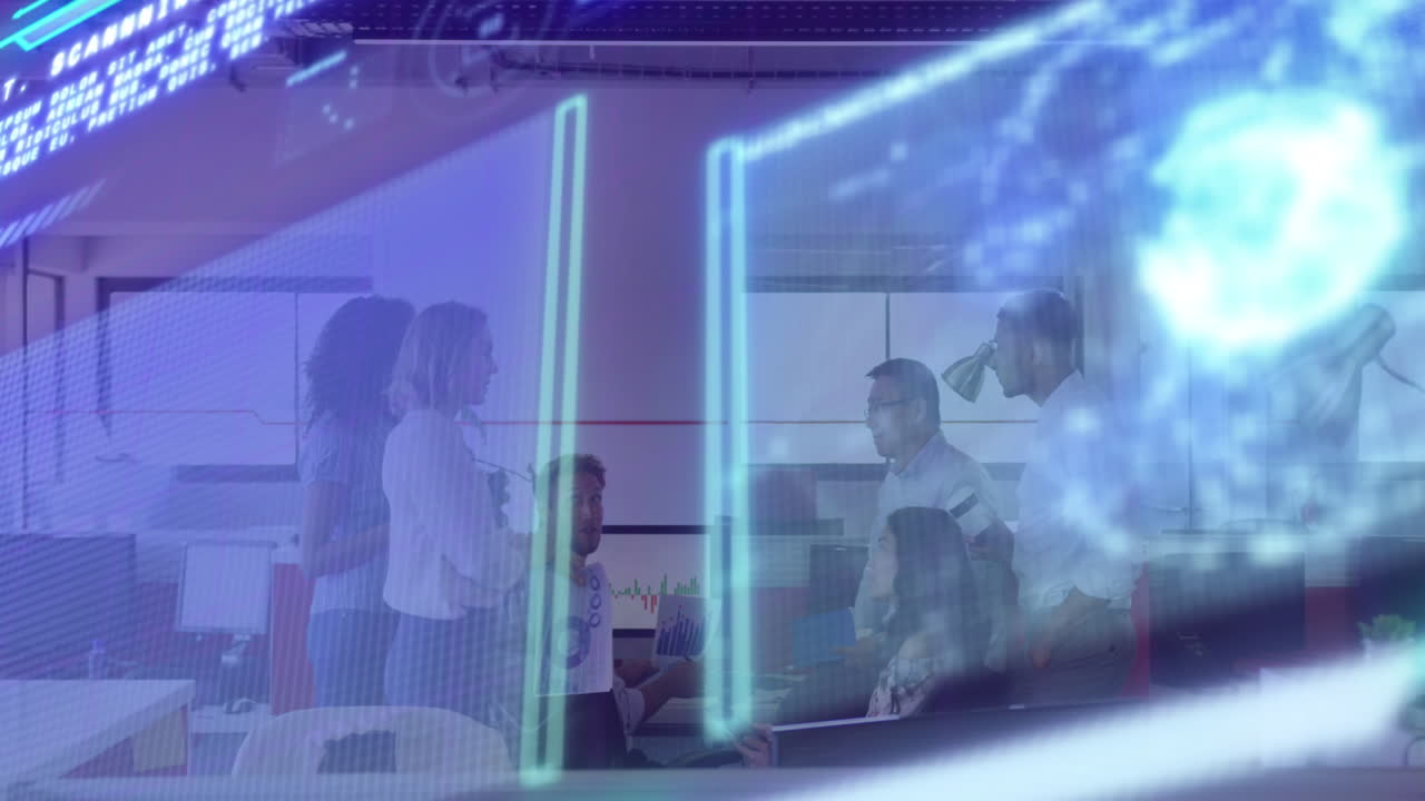 다양한 동료들이 사무실에서 토론하는 그래프, 글로브 및 컴퓨터 언어의 애니메이션