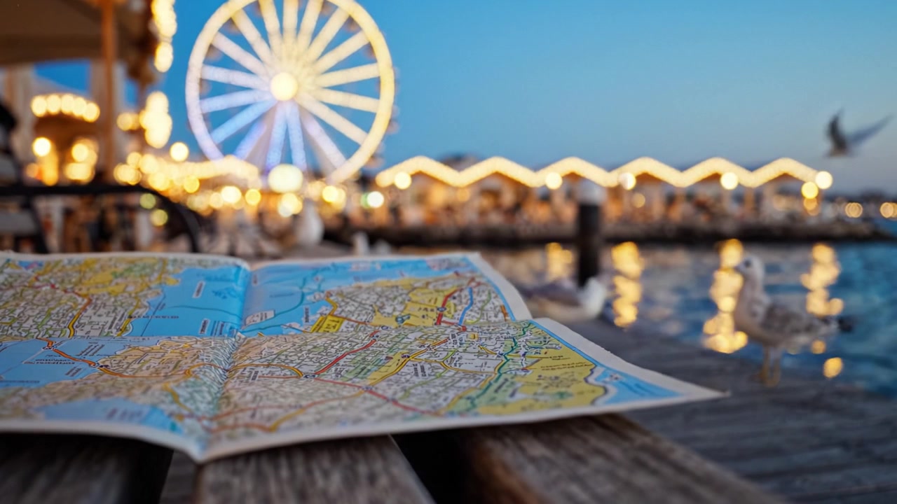 Udforskning af den livlige aftenstemning med et kort ved havnen, der viser et farverigt pariserhjul og glimtende havnefrontlys i baggrunden