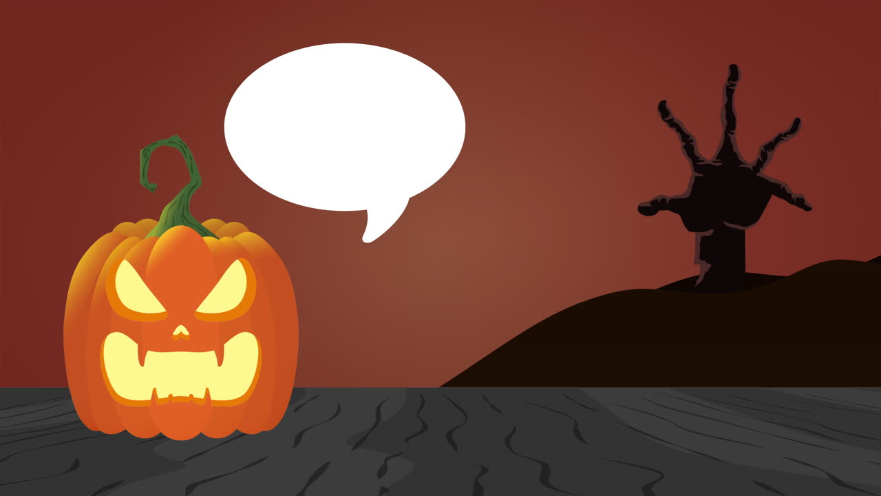 Buon Halloween in una scena horror con una grande zucca e una mano spaventosa, animazione