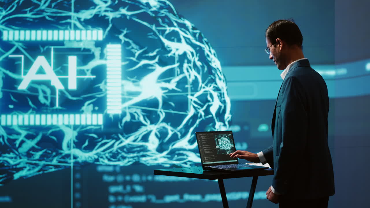 AI researcher in futuristic workspace using artificial intelligence