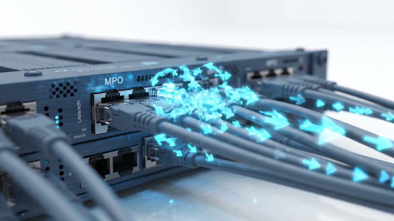 High-Tech Networking Equipment with Multiple Ethernet Cables Connected, Showcasing Advanced Data Transmission and Connectivity Solutions in a Modern Setting