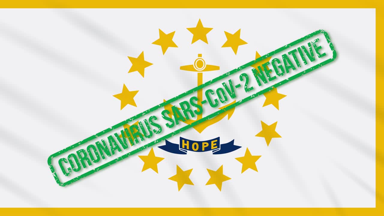 Rhode Island US state swaying flag with green stamp of freedom from coronavirus, loop
