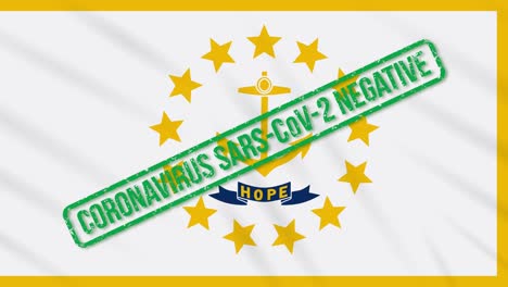 rhode island estado de los estados unidos balanceando bandera con sello verde de libertad del coronavirus, bucle