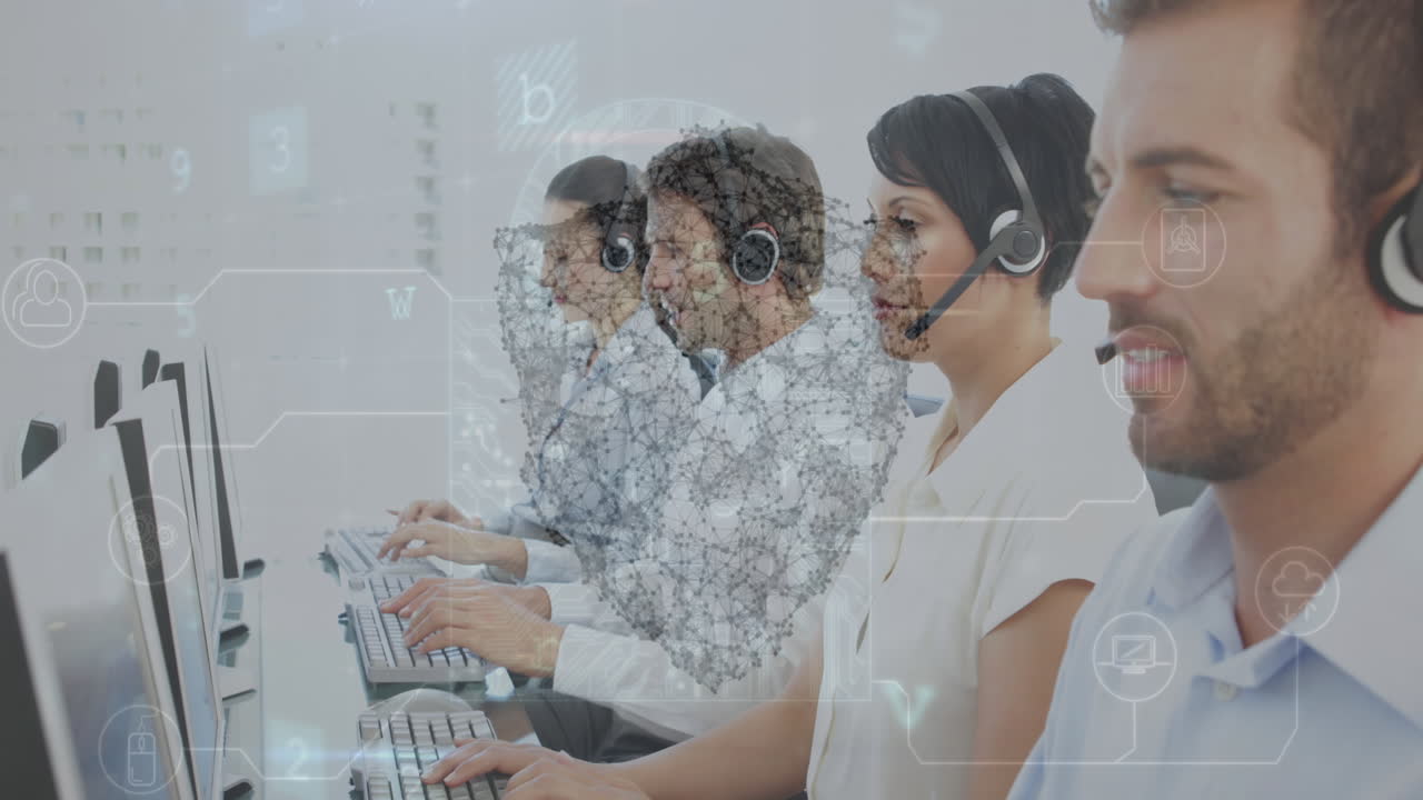 Animation of data processing and padlock over caucasian business people in office