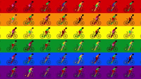 multicultural group cyclists are riding bicycles lgbt flag background. cartoon animation flat design, loop 4k