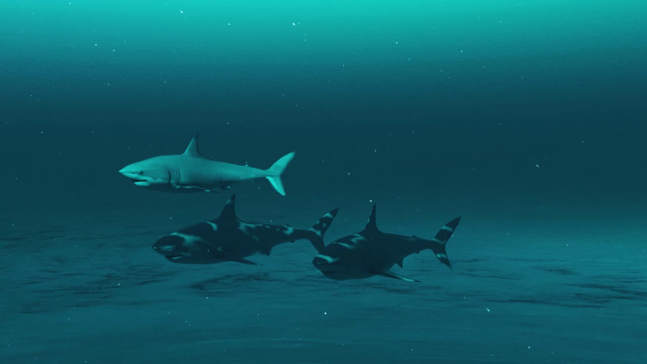 три акулы в глубоком голубом