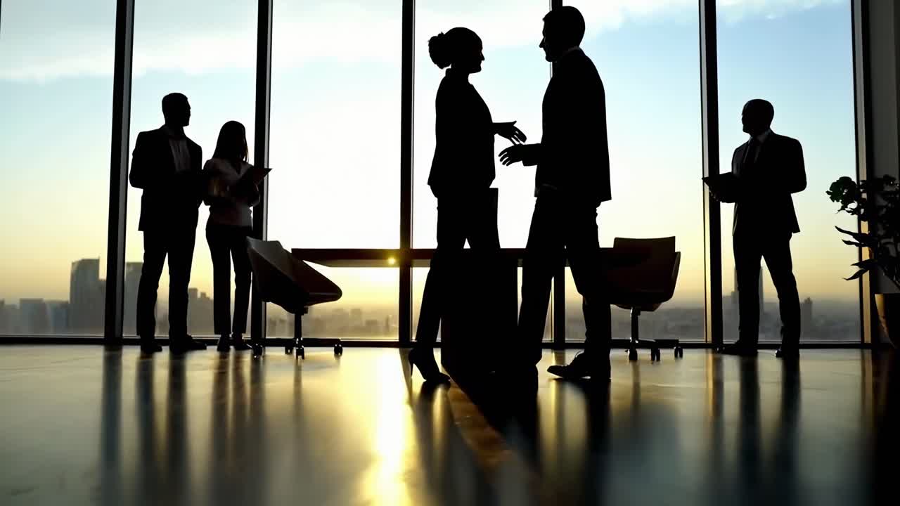 Silhouetted business meeting at sunset, wide-angle shot, perfect for a corporate video
