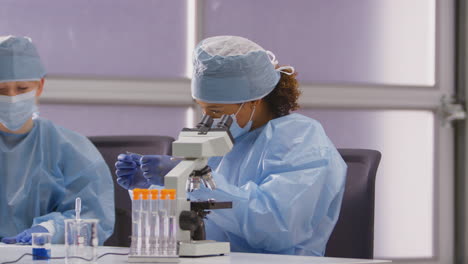 female lab workers wearing ppe analysing samples in laboratory with microscope record test results