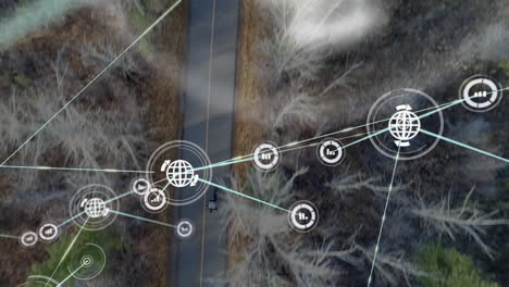 Red-De-Conexiones-Y-Animación-De-Procesamiento-De-Datos-Sobre-Vista-Aérea-De-Carretera