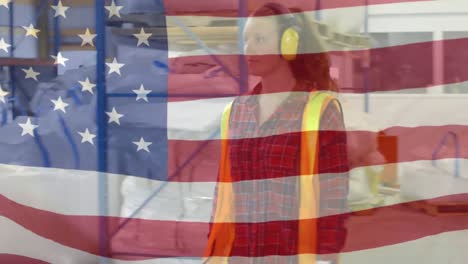 Animation-of-American-flag-waving-over-woman-in-the-background