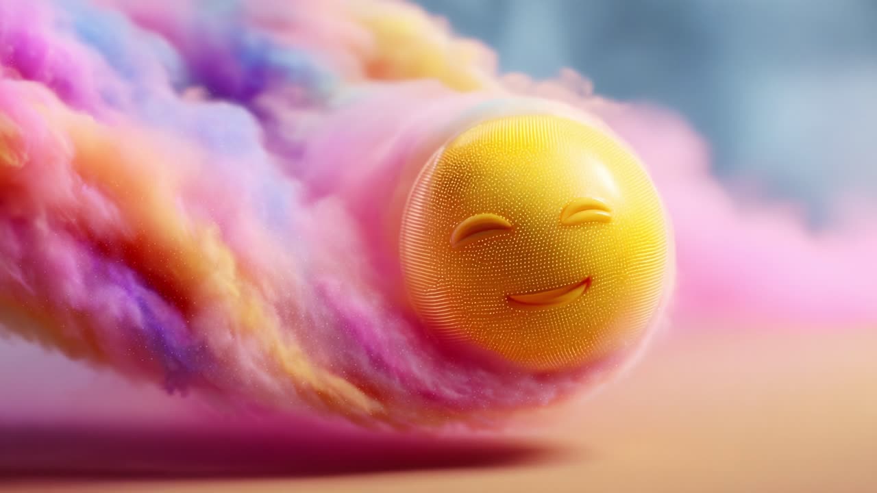 A cheerful yellow smiley face glides through a vibrant cloud of rainbow colors, radiating joy and happiness. The whimsical design captures the essence of playful optimism and creativity
