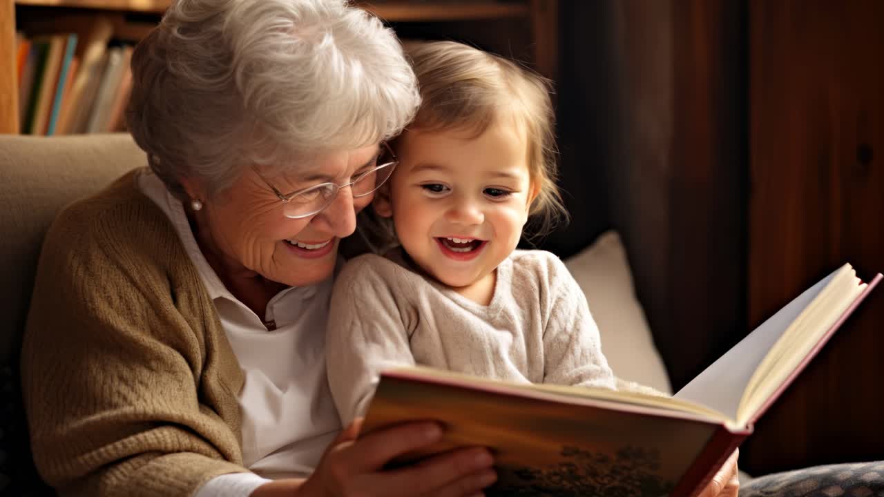 Warm, intimate video concept of a grandmother reading to a child