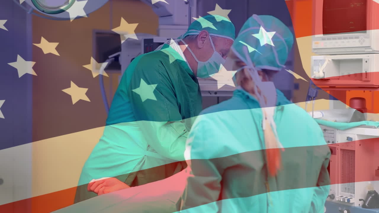 병원 극장에서 다양한 외과 의사 위에 미국 발의 애니메이션