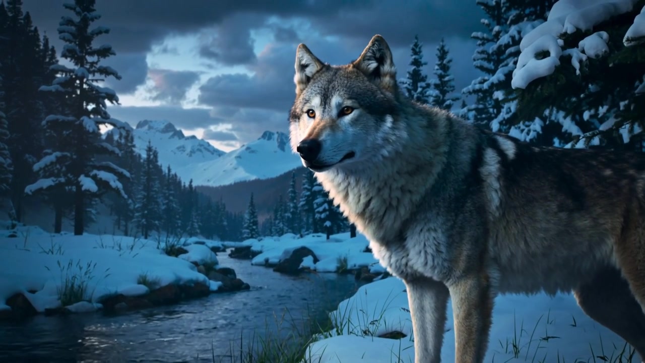 Lobo gris adulto de pie girando la cabeza, enfocando un arroyo nevado al anochecer, sintiendo movimiento río abajo.