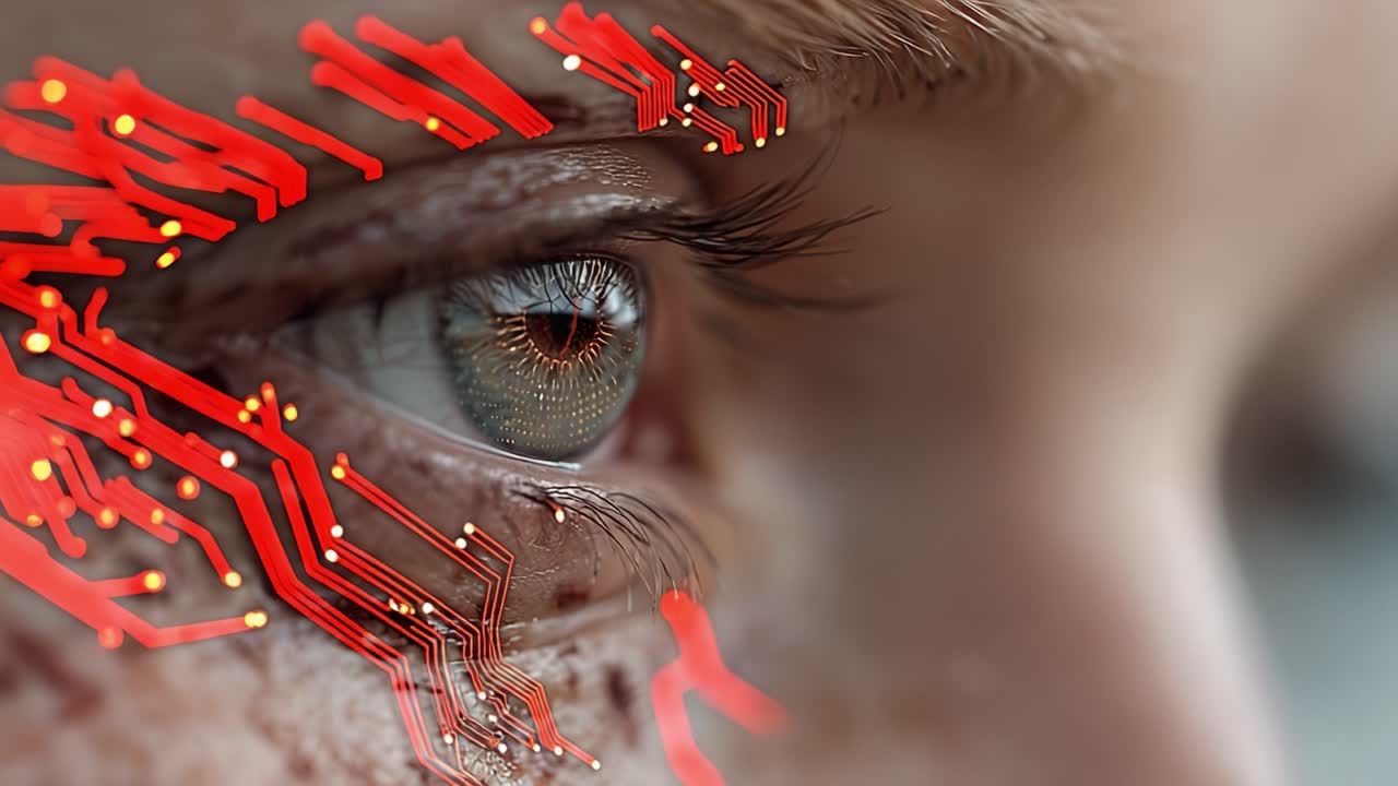 The Melding of Human and Technology: An Intricate Close-Up of a Semi-Transparent Eye Adorned with Circuitry, Showcasing the Fascination of Cybernetic Aesthetics
