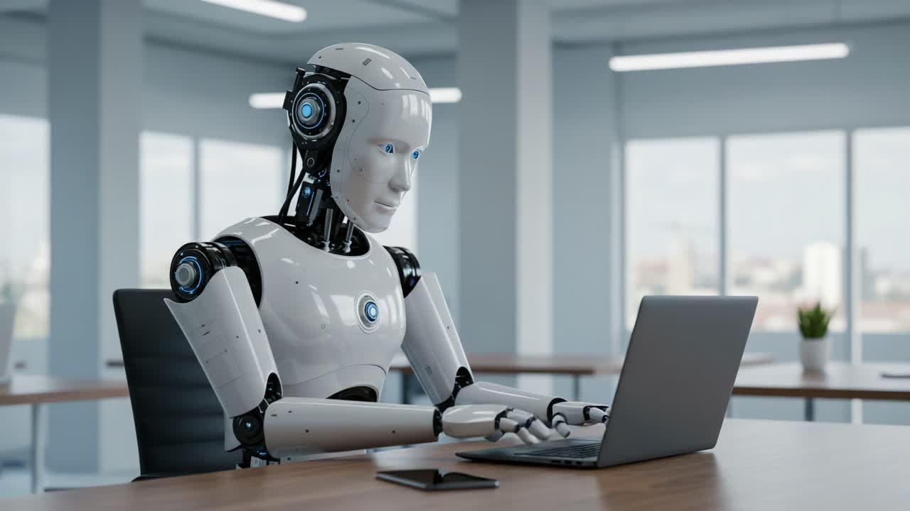 A sophisticated humanoid robot engaged in computer work within a modern office environment, showcasing advanced artificial intelligence capabilities and ergonomic design