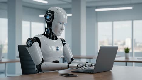 a sophisticated humanoid robot engaged in computer work within a modern office environment, showcasing advanced artificial intelligence capabilities and ergonomic design