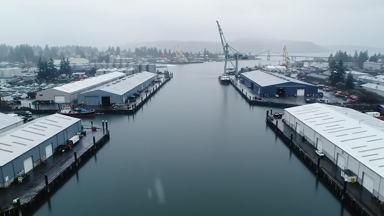 Aerial View of a Tranquil Harbor with Manufacturing Facilities on a Cloudy Day, Displaying the Serene Waterway Between Industrial Structures
