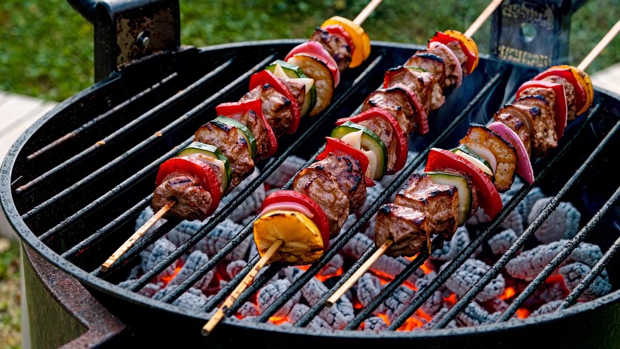 Deliziosi spiedini di carne e verdure che grigliano su un barbecue caldo