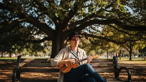 a young musician playing ukulele outdoors beneath a tree, capturing the tranquility of nature and the joy of music in a serene park setting