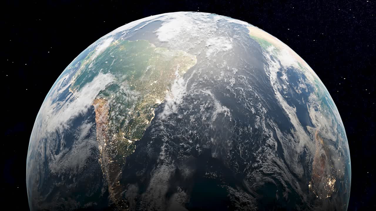 orbitando el planeta tierra visto desde el espacio, render 3d con enfoque en américa del sur