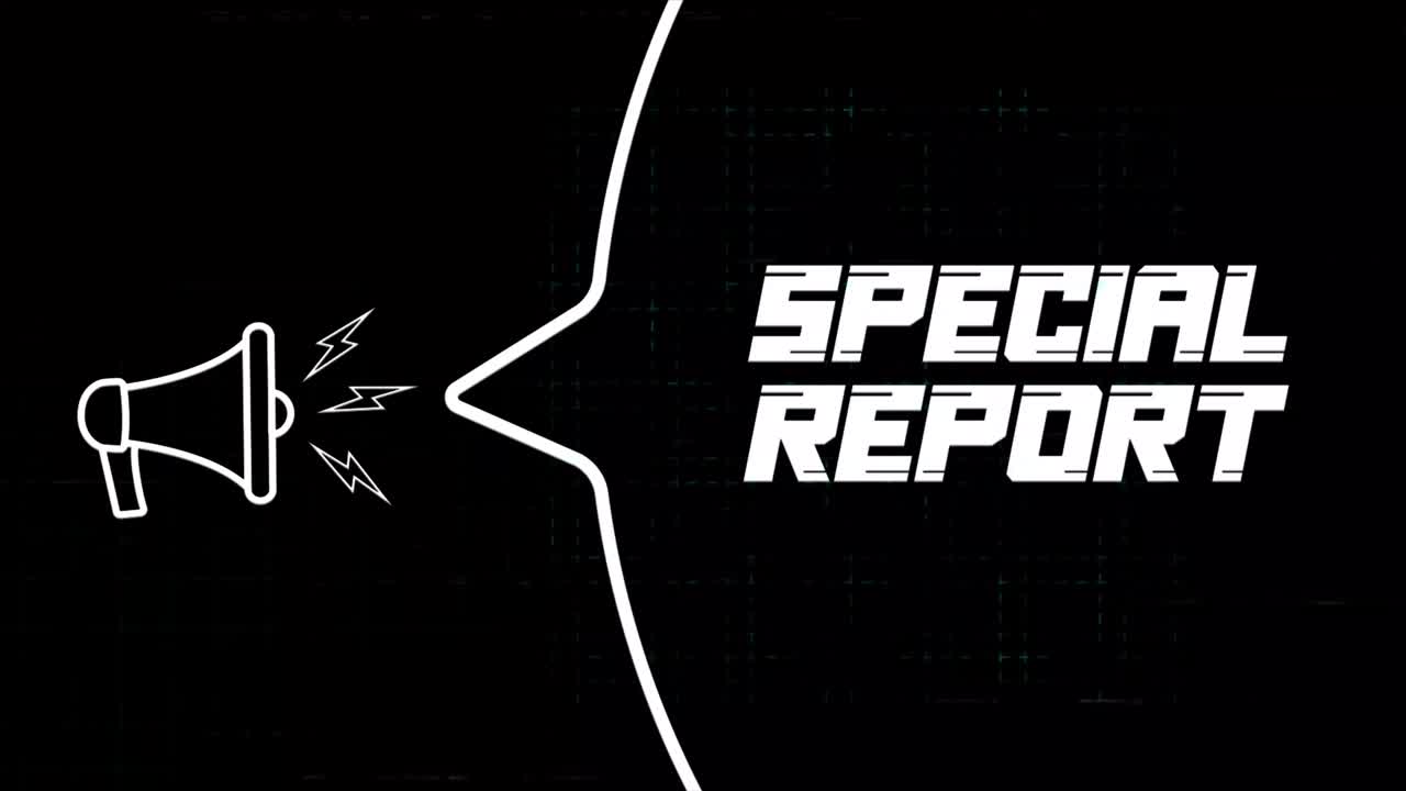 스피치 버블과 스페셜 리포트 텍스트를 가진 메가폰, 오래된 tv 글리치 간섭 스크린, 레트로 스페셜 보고서 텍스트의 애니메이션, 4k 비디오 모션 그래픽