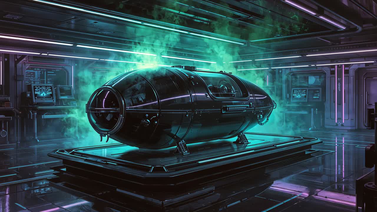 Tightening camera reacting to green vapor rising, framing dark pod in neon lab, highlighting hatch