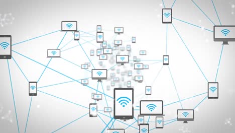 Animation-Eines-Netzwerks-Angeschlossener-Mediengeräte-Mit-WLAN-Symbolen,-Die-Sich-Auf-Weißem-Hintergrund-Bewegen