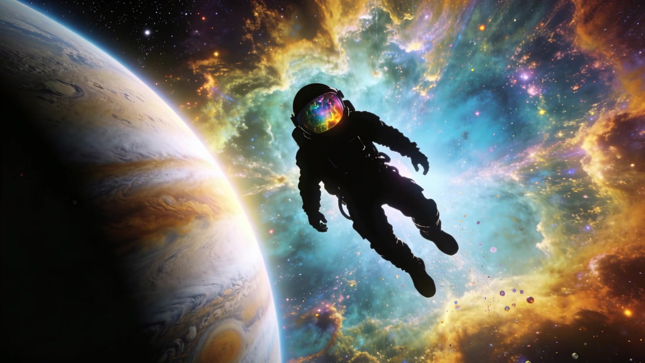Flydende klædt astronaut bliver løsrevet, roterer og driver nær en gasgigant og tåge.