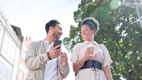 businessman, woman and phone on outdoor walk to