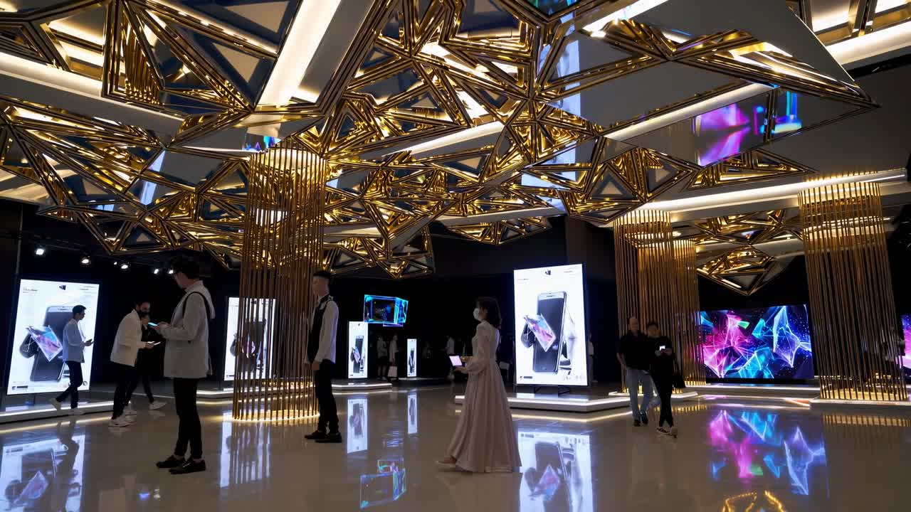 Showroom futurista com superfícies reflexivas e displays digitais