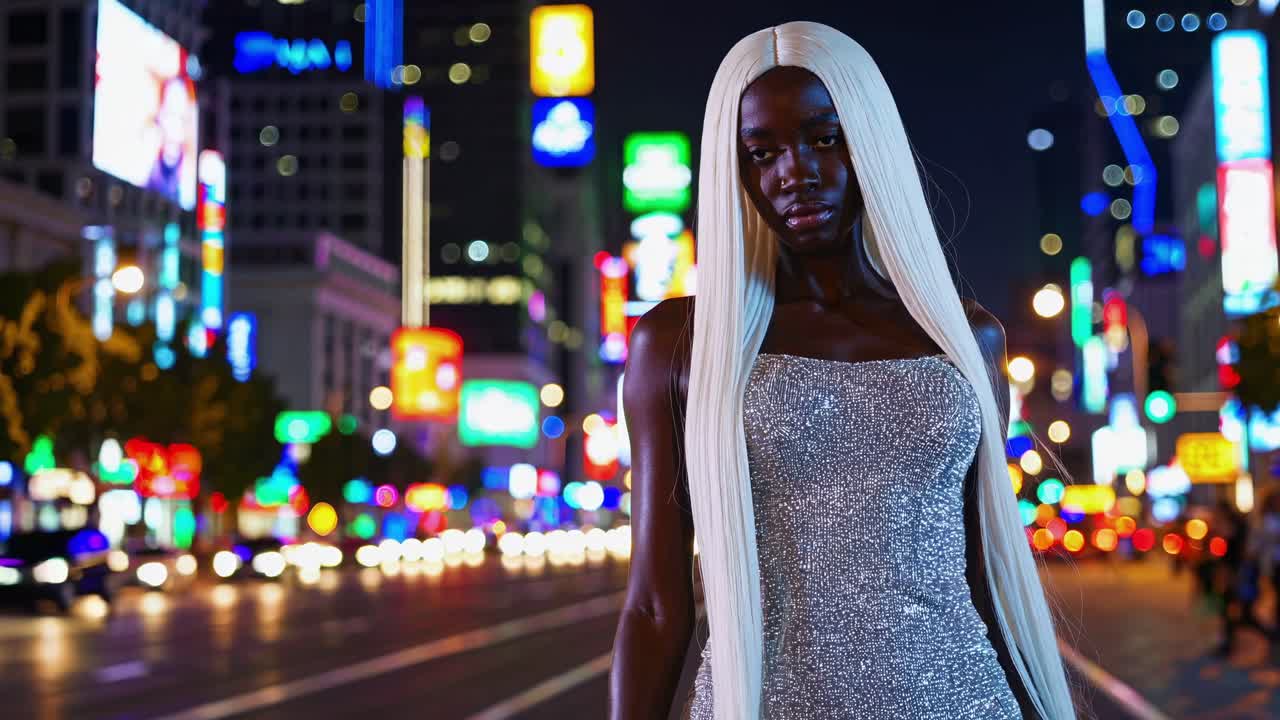 Confident fashion model with long white hair standing in glamorous silver dress against vibrant nighttime urban cityscape, embodying contemporary style and elegance
