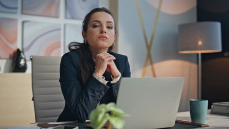 focused lady looking idea working desk closeup. calm woman thinking strategy