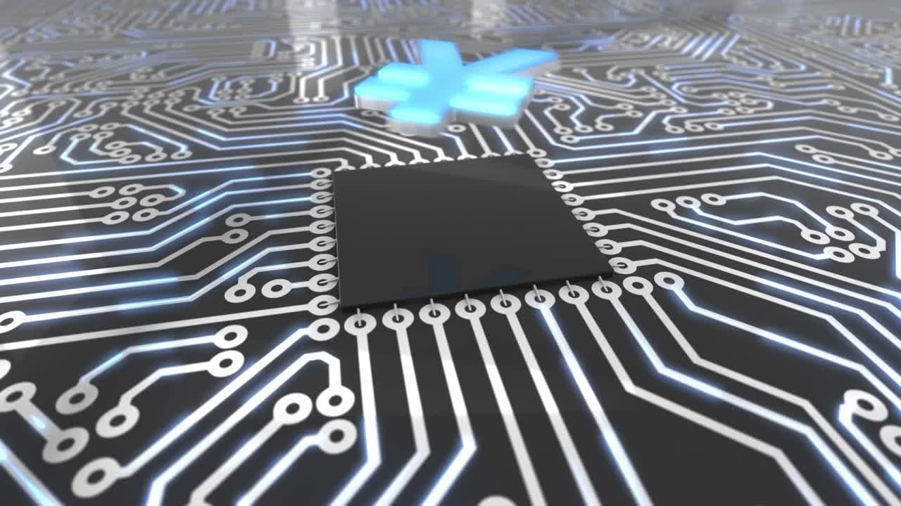 el concepto de la placa de circuitos rotativos de computadora de color azul oscuro de bucle de yen 4k