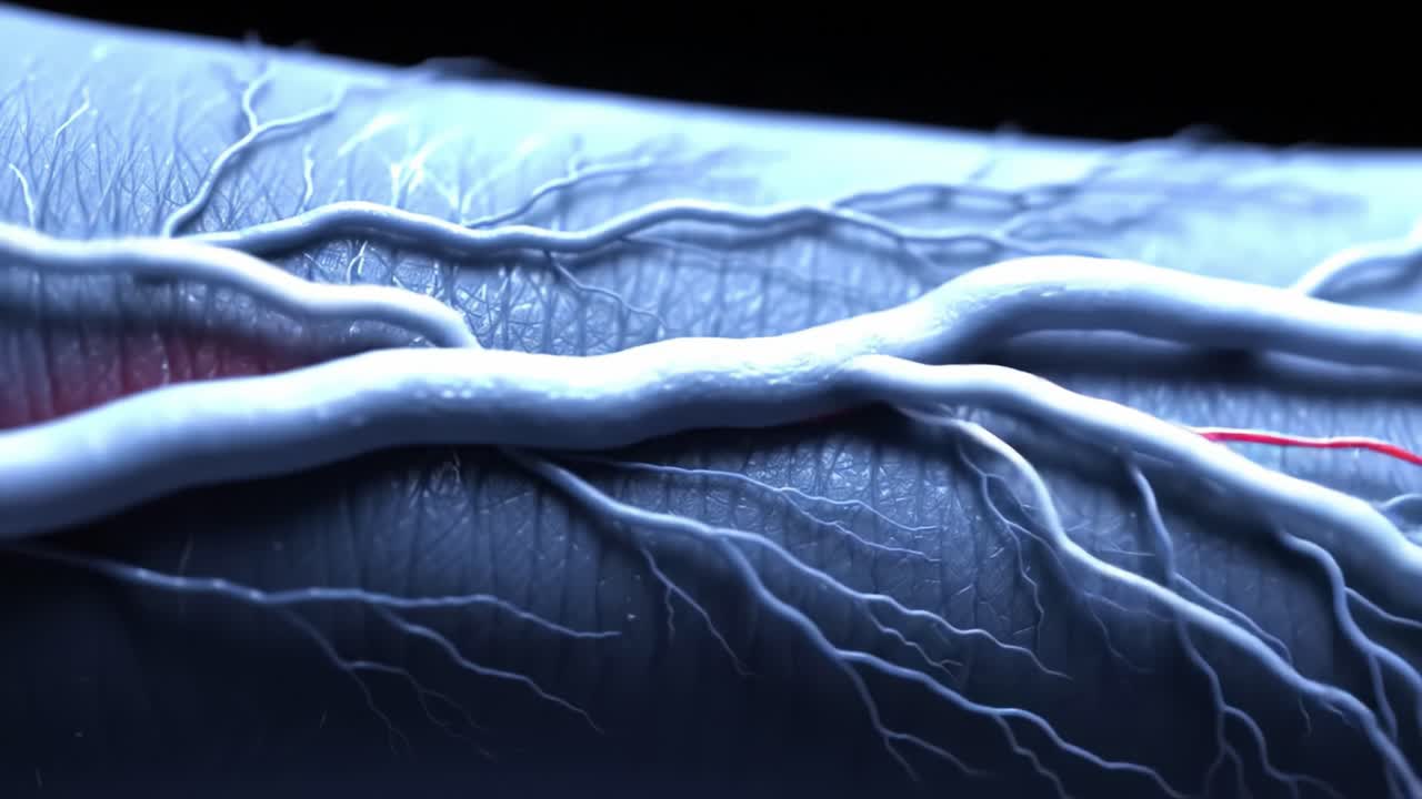 Detailed Close-Up of Human Vascular System Illustrating Blood Vessels, Capillaries, and Veins in a Realistic Rendered 3D Animation Suitable for Medical and Educational Purposes