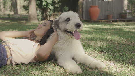 young woman pets a big dog lying on the grass 1