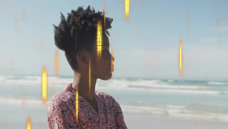standing on beach, person surrounded by digital animation light streaks