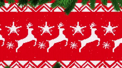 Animation-of-fir-tree-branch-and-christmas-pattern-on-red-background